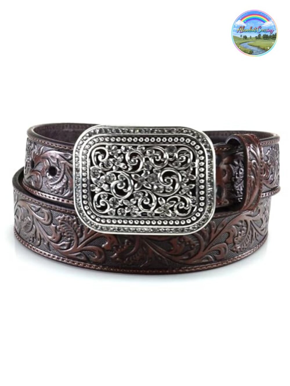 Genuine Leather Western Belt with Ornate Rhinestone Buckle